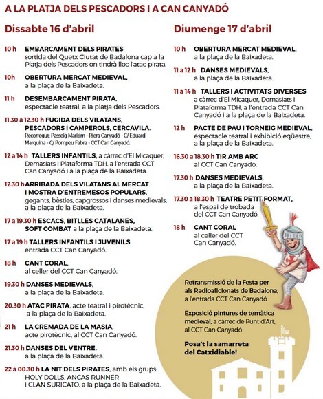 Programa d'actes de la Festa Medieval de Badalona pel cap de setmana del 16 i el 17 d'abril.